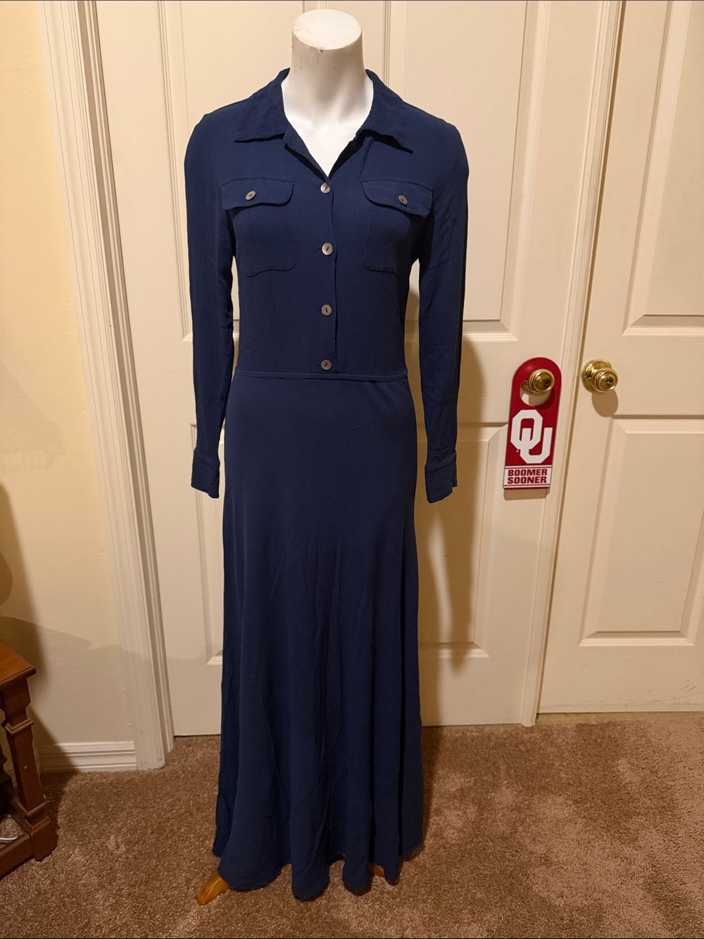 Soft Surroundings Navy Long-Sleeve Maxi Shirt Dress. NWOT. XS